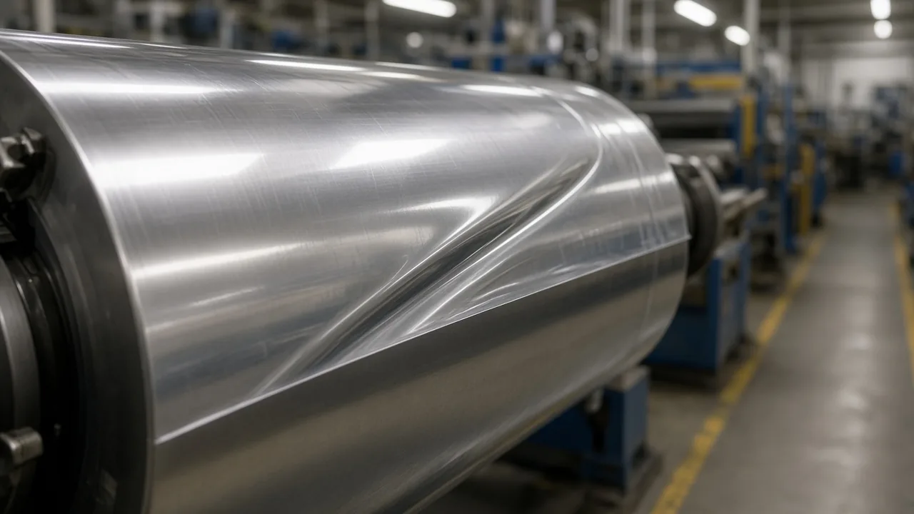 Clear film on a steel roller, with a wrinkle holding a gap along the roll.
