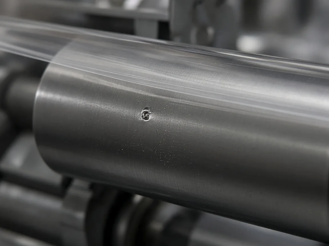 A small nick in a steel roller, with clear film running above the metal.