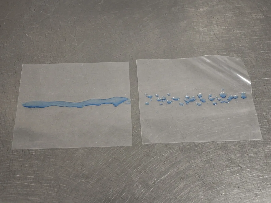 Two pieces of clear film on a scratched steel table. The left streak stays continuous. The right streak has broken into beads.