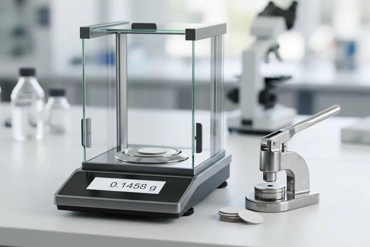 A laboratory specimen punch and electronic balance testing coated paperboard sample weight and barrier thickness.
