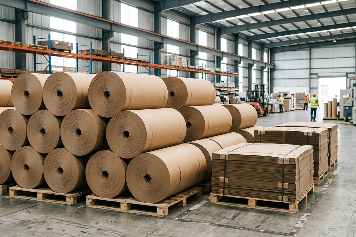 Neatly stacked rolls and strapped pallets of kraft paperboard in an industrial packaging converting warehouse.