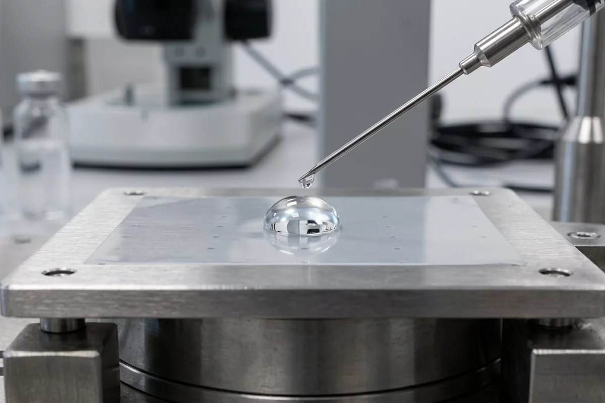 A precision microliter syringe dispensing a single droplet of distilled water onto a treated plastic film sample held flat by a vacuum plate.