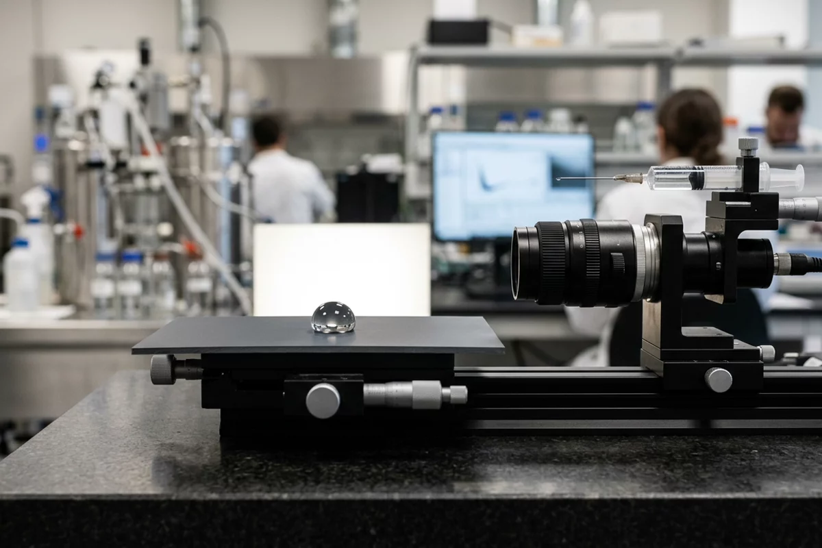 A single liquid droplet resting on a dark polymer film substrate on an optical contact angle goniometer stage in a research laboratory.