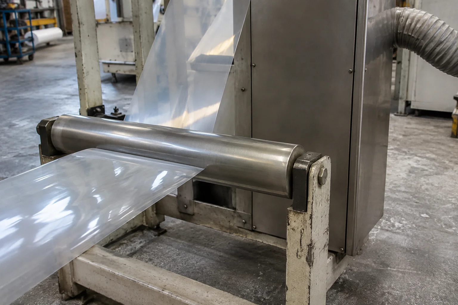 A clear film web passes over a steel roller beside a closed metal housing.