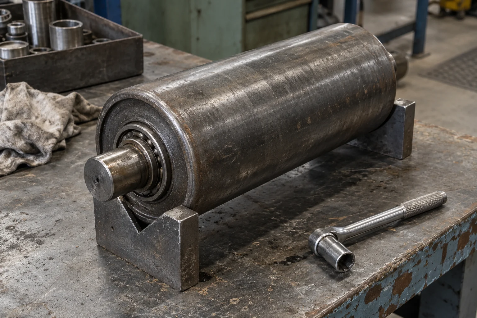 A worn steel roller rests on metal supports beside a socket wrench.