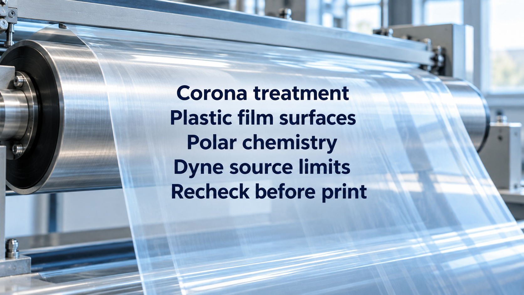 Film on a roller beside the words Corona treatment, Polar chemistry, Dyne source limits and Recheck before print.
