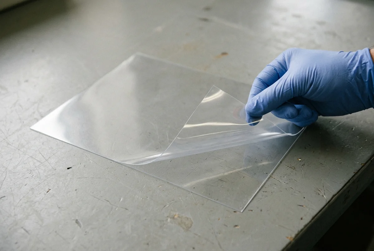 A blue-gloved hand lifts one corner of a clear film sheet.