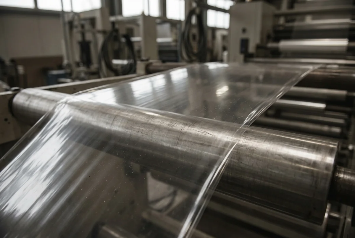 A clear film web spans part of a wider steel roller.