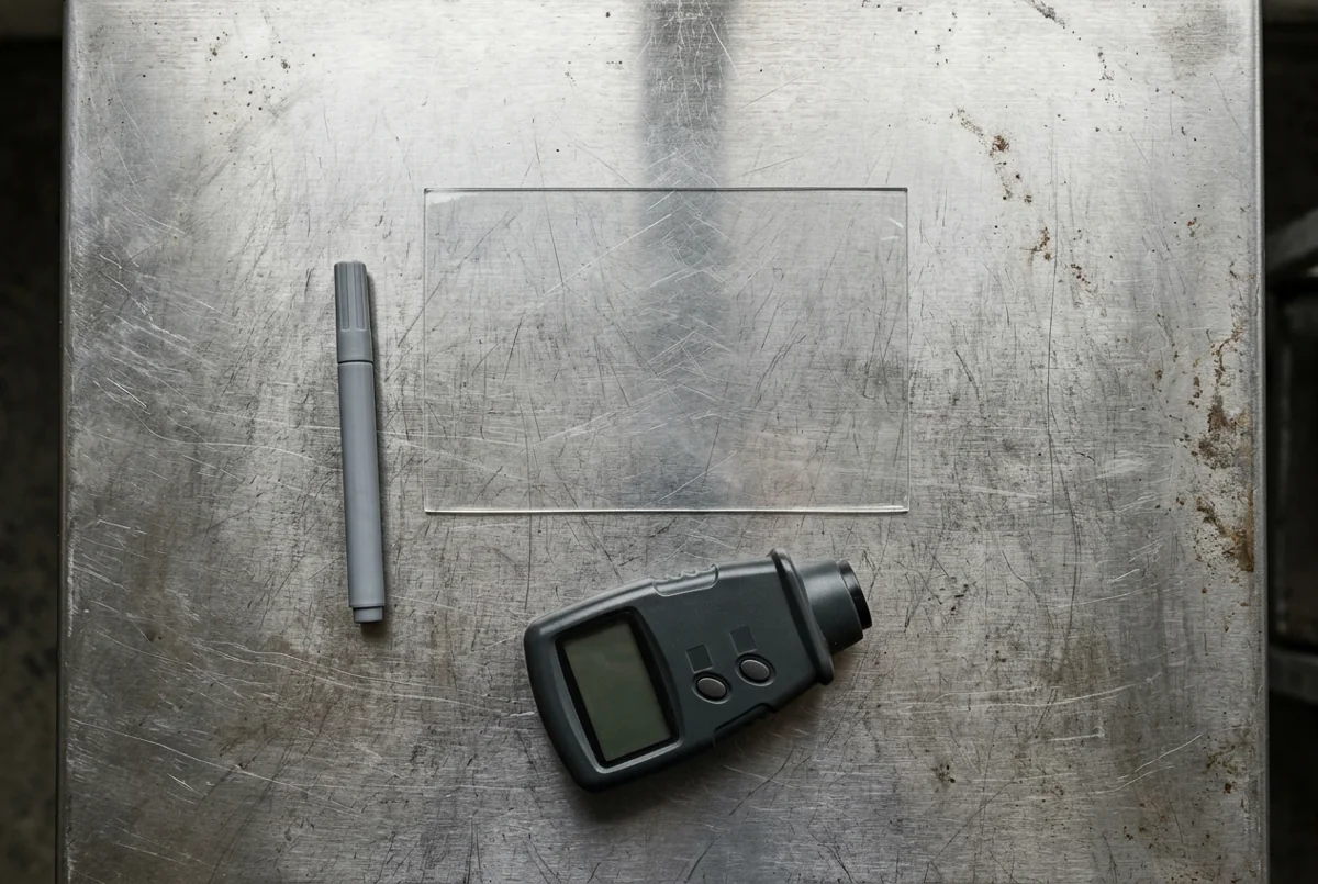 A clear film sample lies beside a capped marker and a handheld meter.