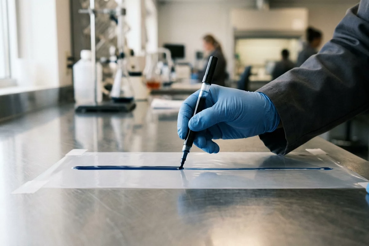 A quality control inspector drawing a test fluid line across a sample sheet of treated plastic film with an applicator pen.
