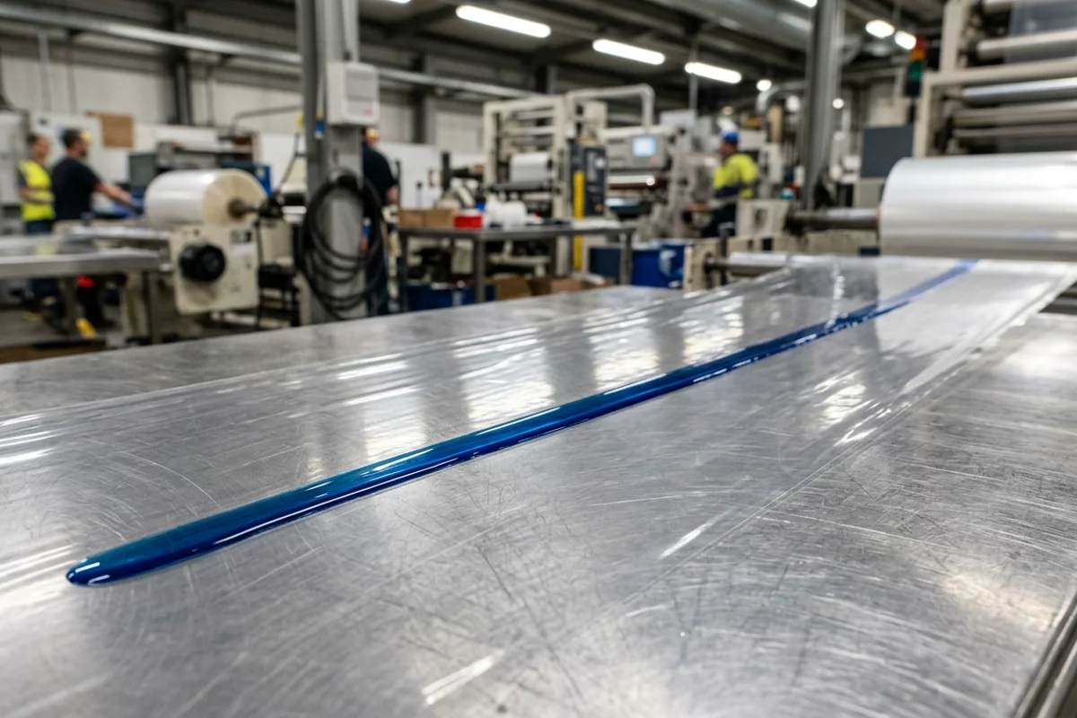 A continuous streak of colored surface energy test solution wetting a clear polymer film sheet on a stainless steel inspection table.