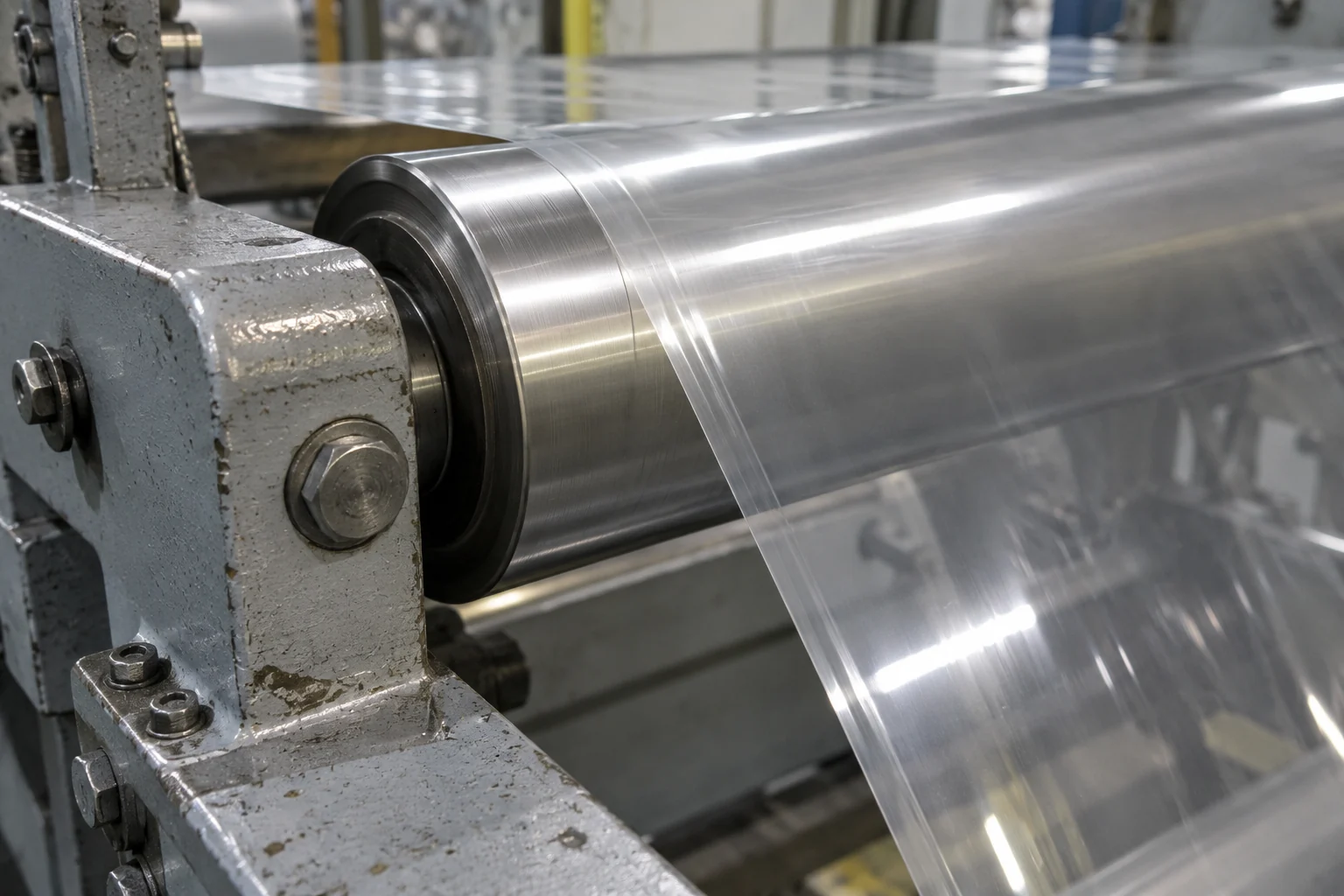 A clear flexible plastic film web passing over a single brushed steel idler roller mounted in a grey cast-iron converting frame.