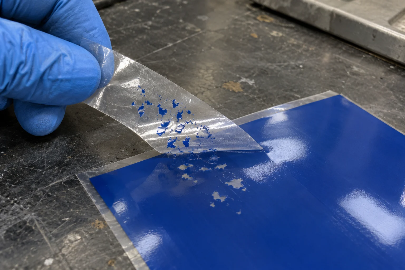 A blue-nitrile-gloved hand peeling a clear adhesive tape strip at a low angle from a dark blue printed plastic film sample, showing small blue ink flecks transferred onto the tape adhesive and matching bare patches on the film.