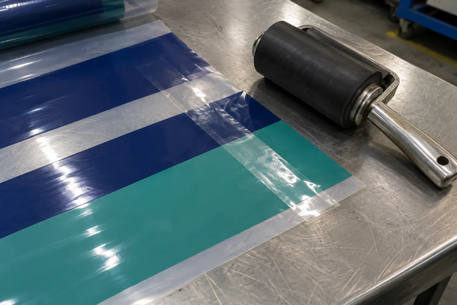 A clear adhesive tape strip pressed across solid blue and teal ink bands on a flexible plastic film sheet beside a weighted rubber hand roller on a steel bench.