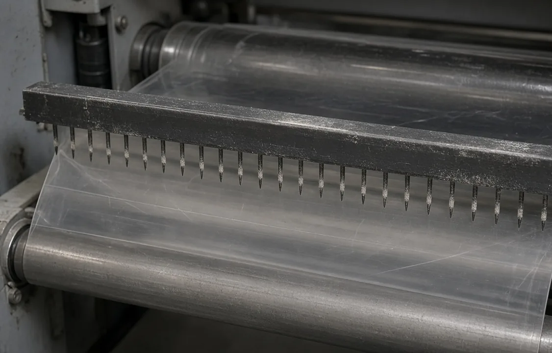 A metal bar with dusty pins hangs above clear film between two steel rollers.