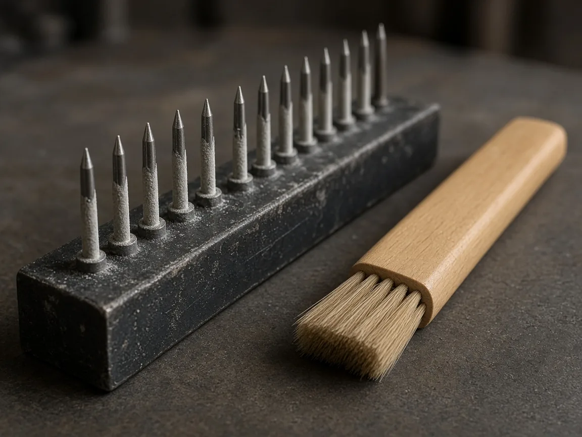 Dust sits on some of the metal pins. A plain nylon brush lies beside the bar.