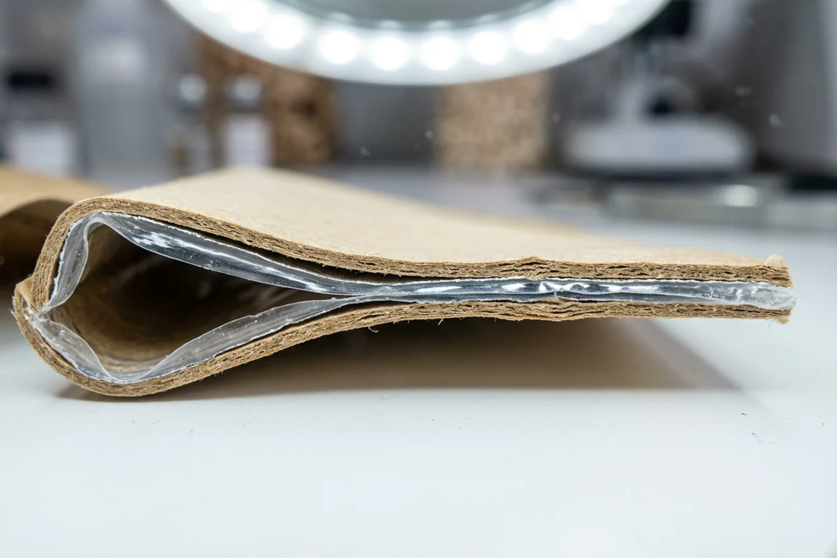 A folded flexible packaging pouch edge under a magnifying lamp in a laboratory, showing multi-layer paper and barrier lamination.