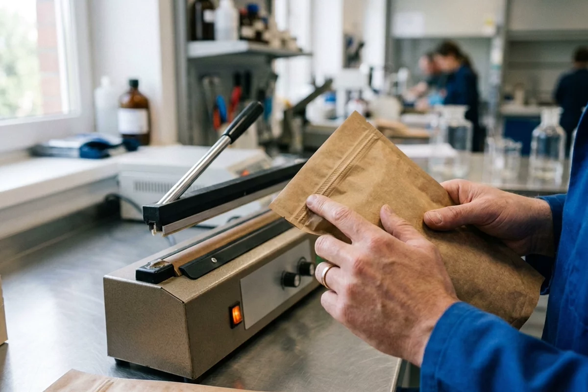 A packaging technician at a stainless steel workbench inspecting the heat-sealed seam of a brown kraft paper pouch beside a benchtop heat sealer.