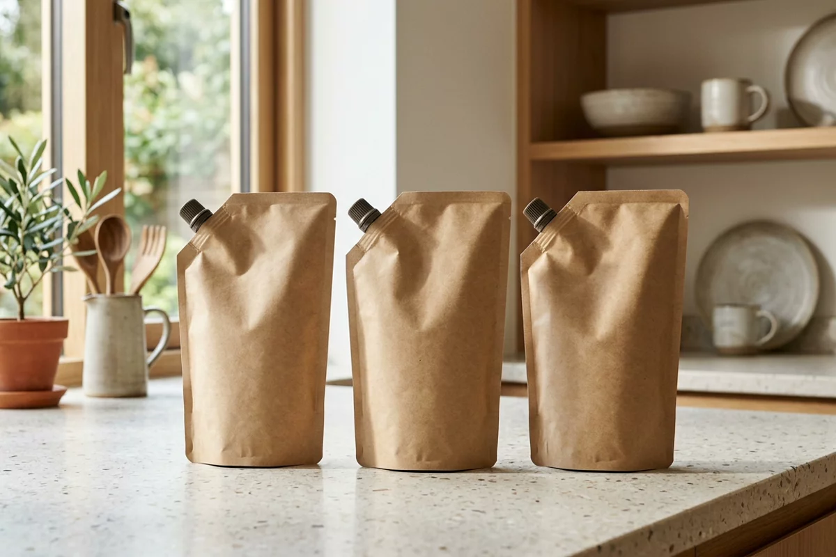 Blank unbranded kraft paper stand-up liquid packaging sachets with spouts on a kitchen counter.