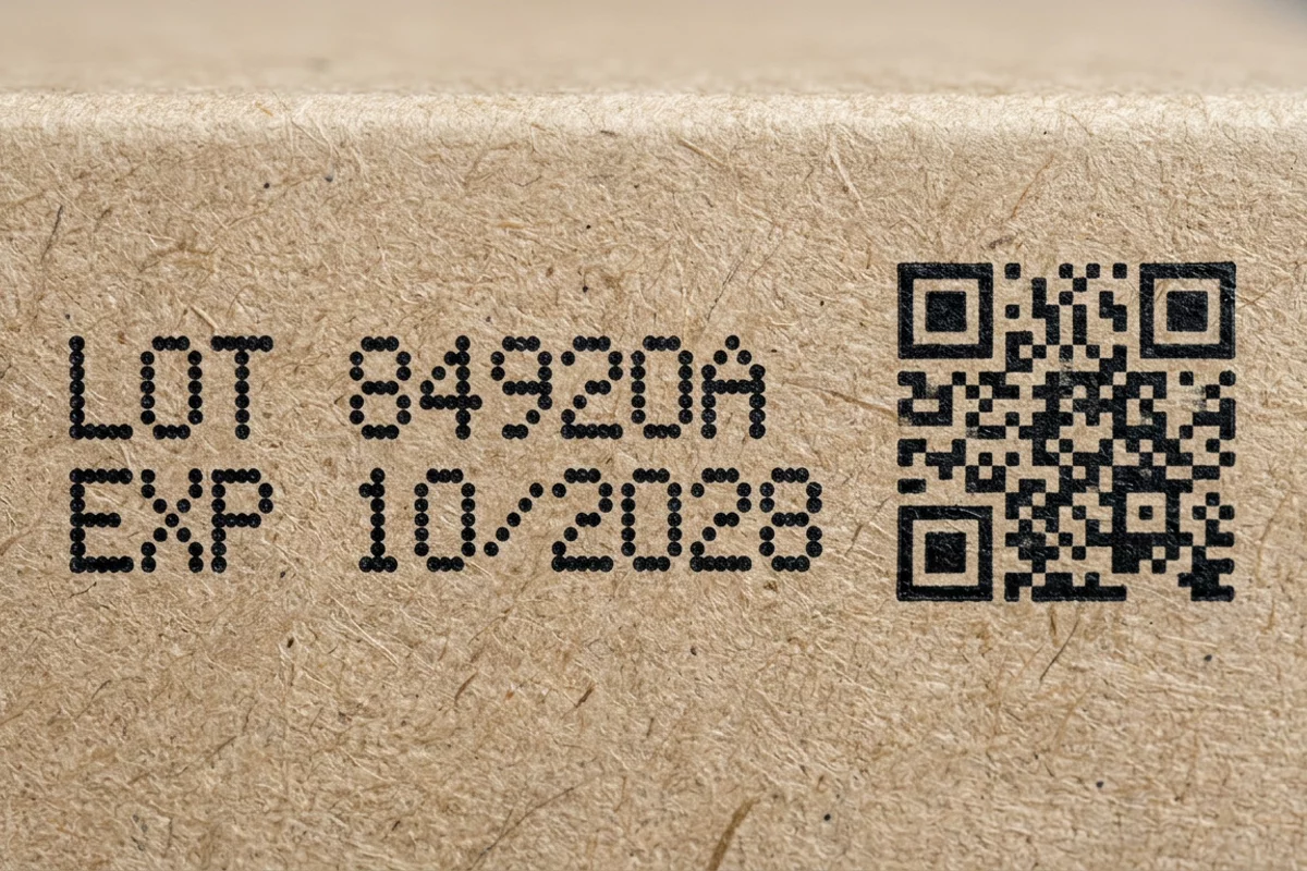 Macro photograph of a crisp 2D matrix code printed directly onto a textured matte carton surface alongside sharp inkjet batch codes.
