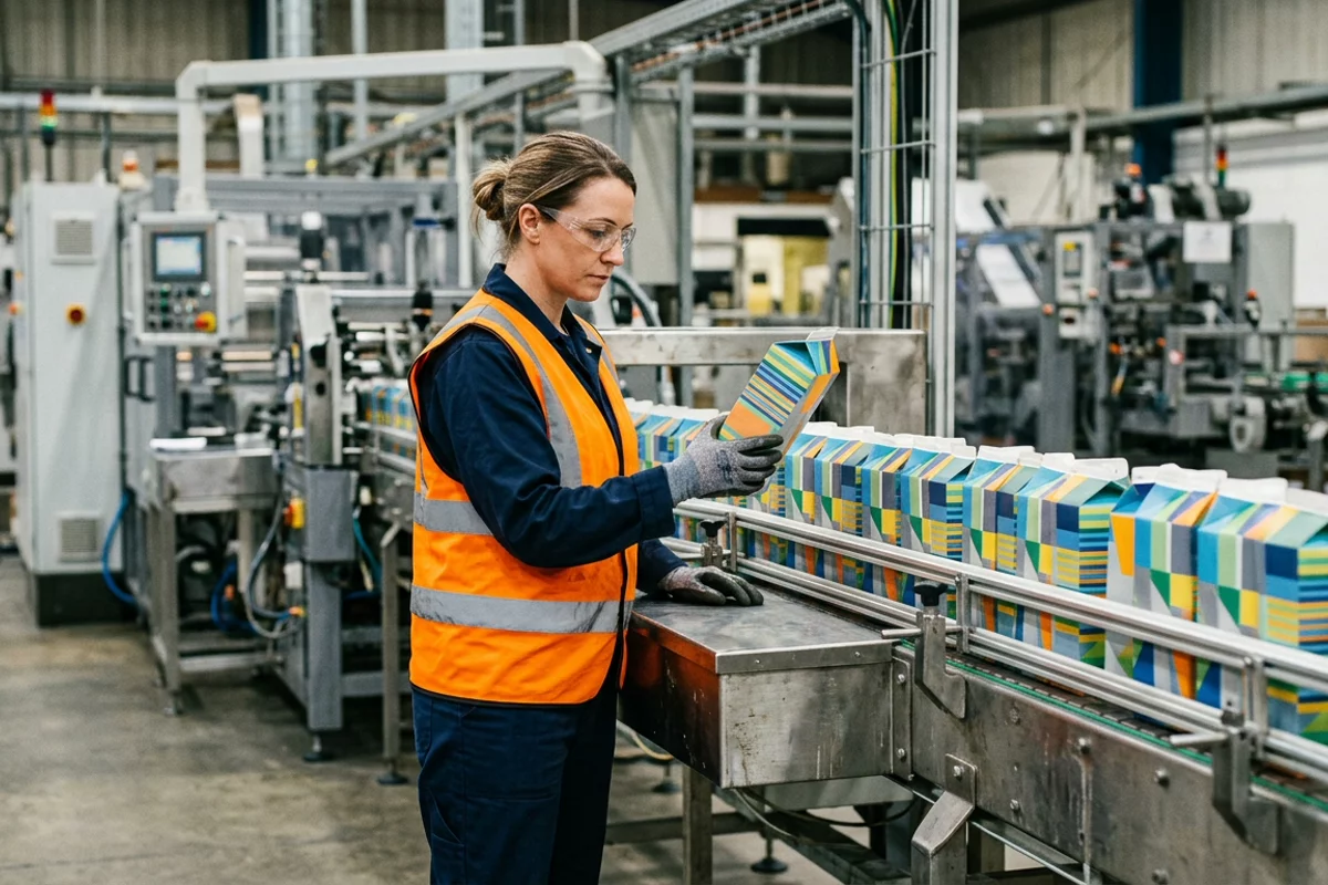An industrial machine operator inspecting variable printed carton samples moving along a stainless steel output accumulation conveyor.