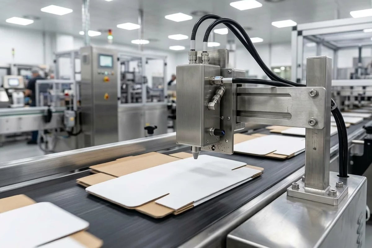 Industrial continuous inkjet imprinting printhead mounted above an automated conveyor line with carton sleeves.