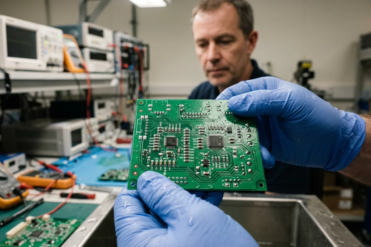 An electronics technician inspecting a freshly washed printed circuit board with surface-mount components and clean metallic traces over a wash station.