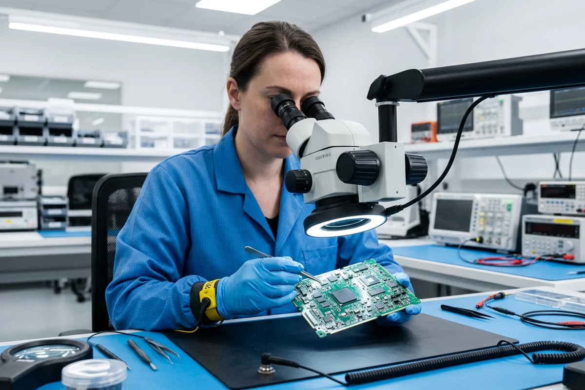 A quality control technician examining a cleaned PCB assembly with precision tweezers under an illuminated stereo inspection microscope.