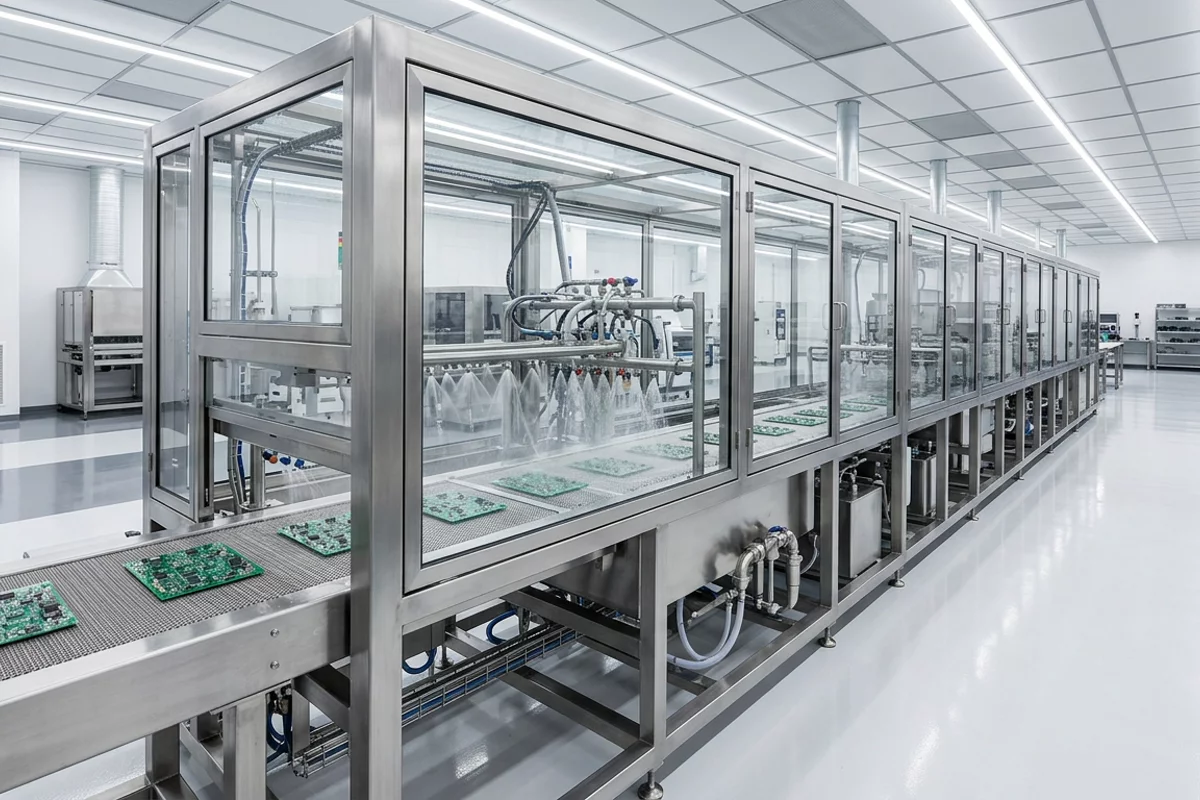 Automated inline stainless steel PCB washing line with viewing windows in a cleanroom manufacturing facility.