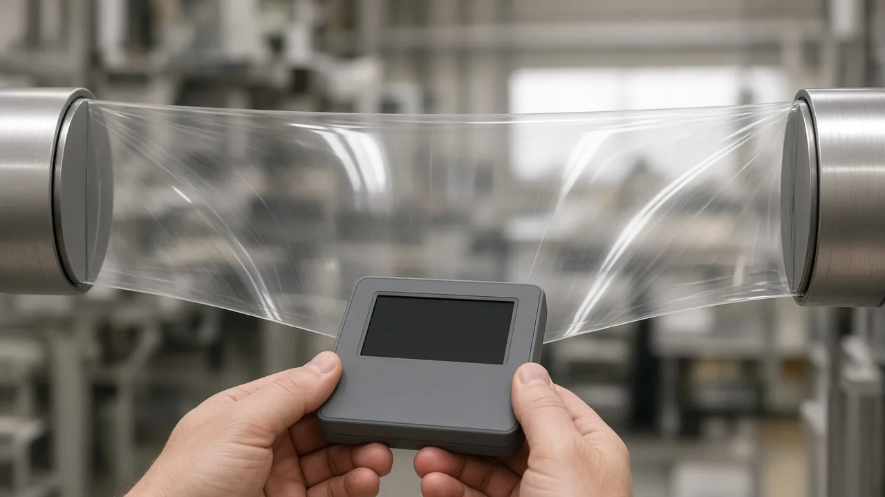Illustration of clear film in open air between two steel rollers, with a handheld meter held off the web and a blank screen.