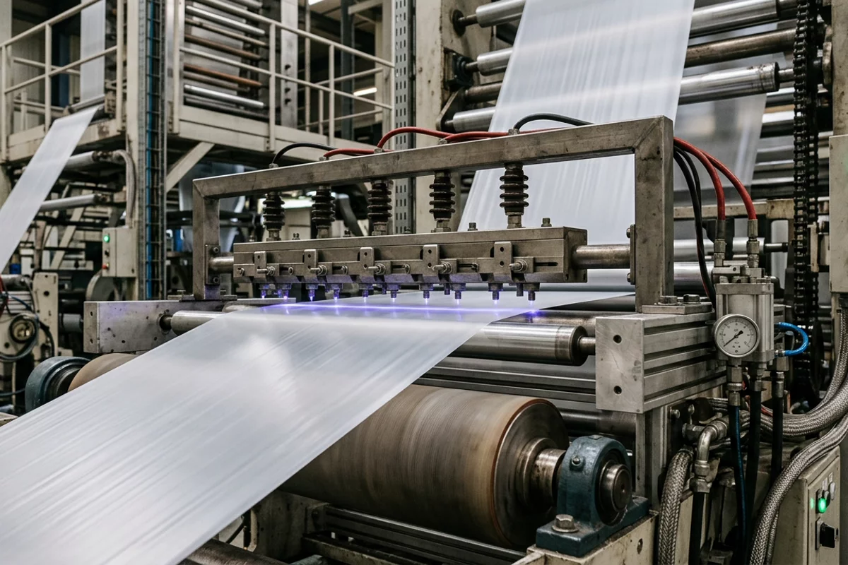 An industrial corona surface treater station in operation on an extrusion line, showing a polymer web passing across a dielectric roll under an electrode bar.