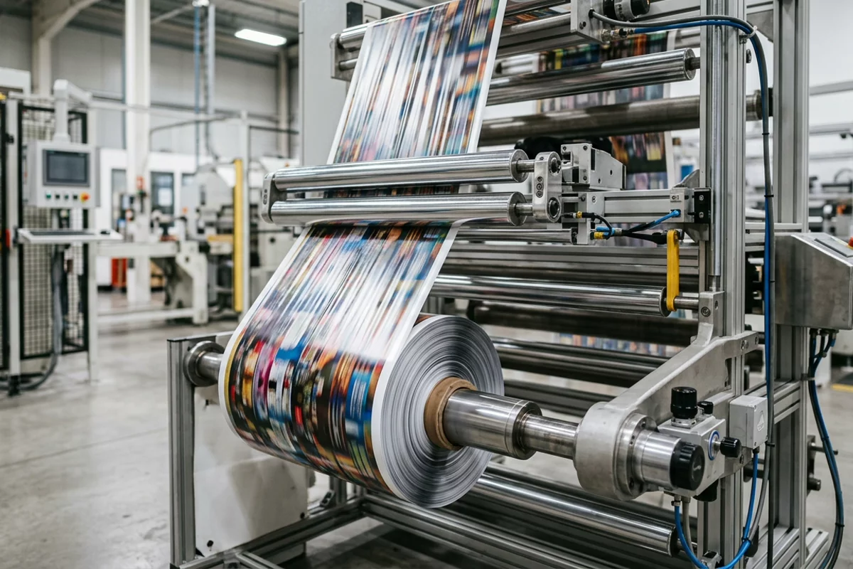 Continuous printed plastic film rewinding onto an air shaft spindle roll through precision tension rollers at the delivery end of a converting machine.