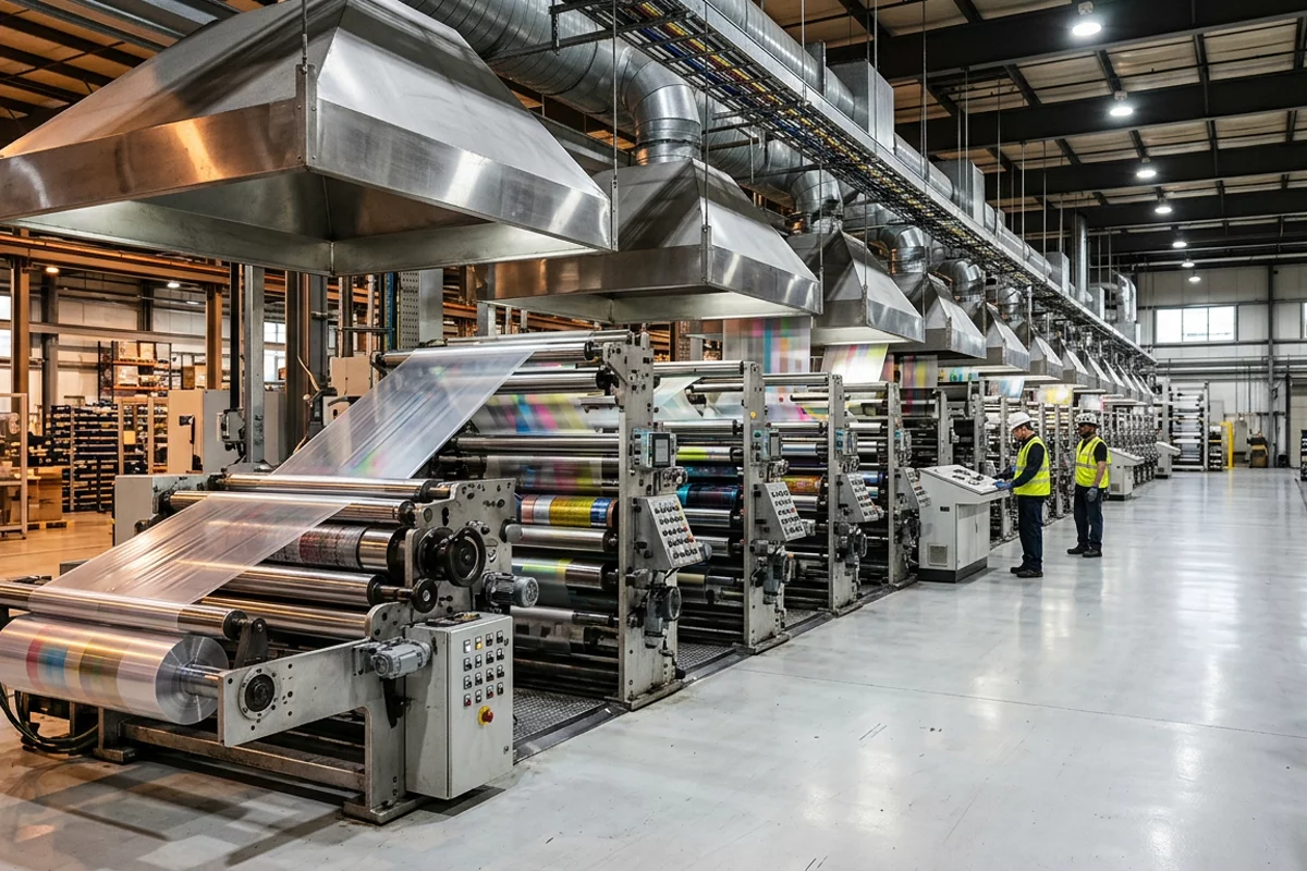 High-speed web of flexible plastic film running through steel rollers on an industrial flexographic printing press.