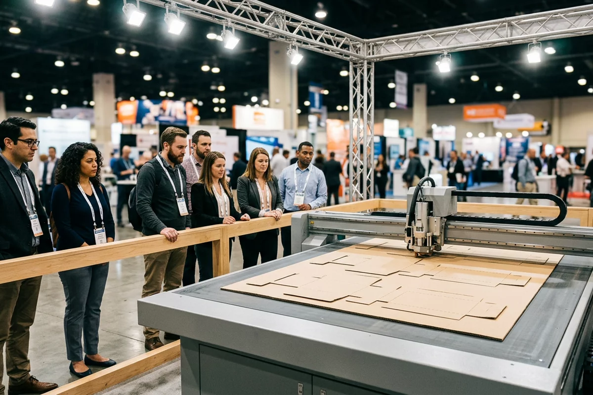 Visitors at an expo booth observing a live demonstration of a flatbed digital packaging cutter and creaser machining cardboard prototypes.