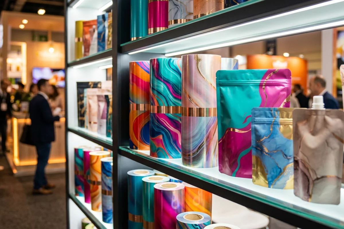 Close-up view of rolls of printed flexible packaging media and packaging mockups arranged on modern trade show display shelves.