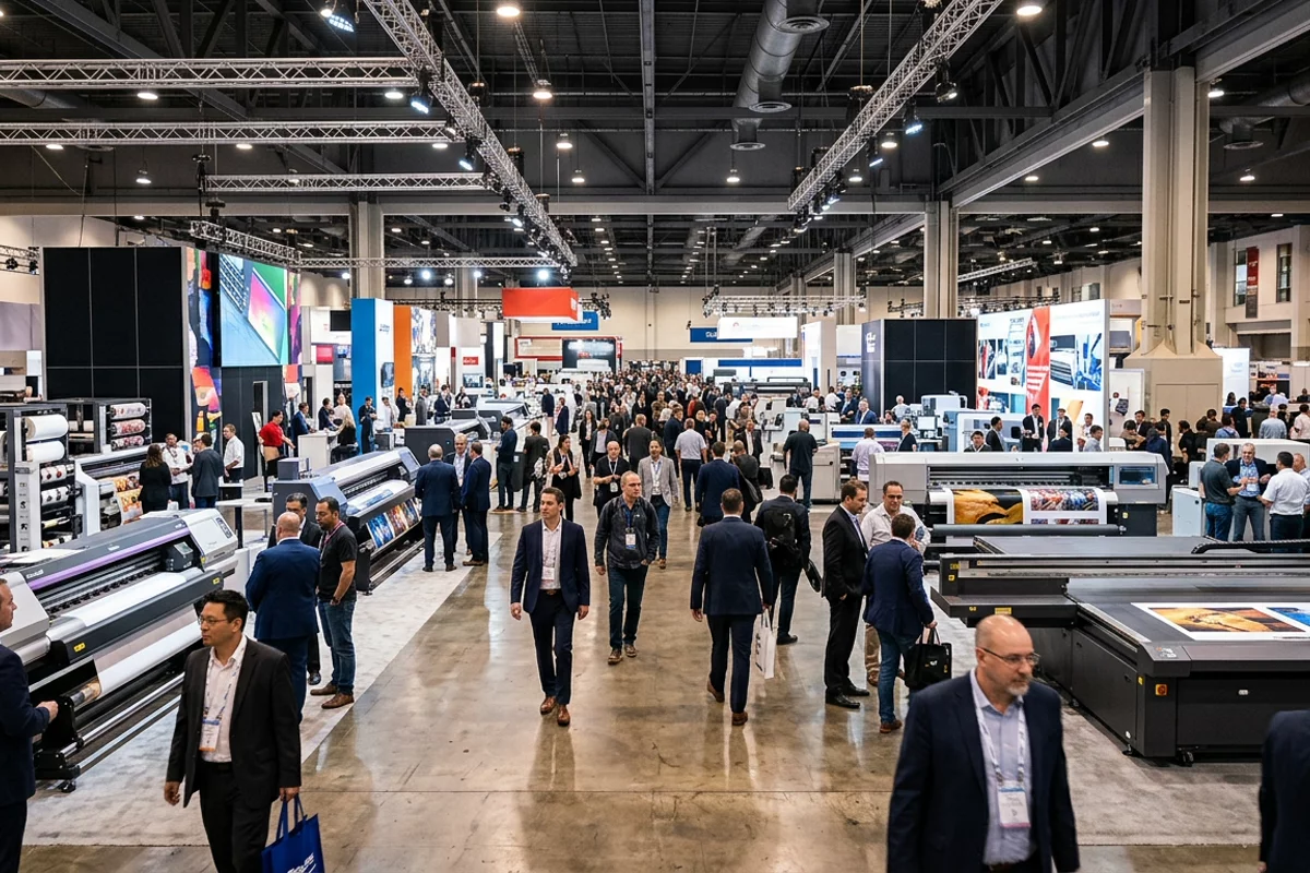 International convention hall filled with modern industrial wide-format and UV printing equipment exhibition booths.