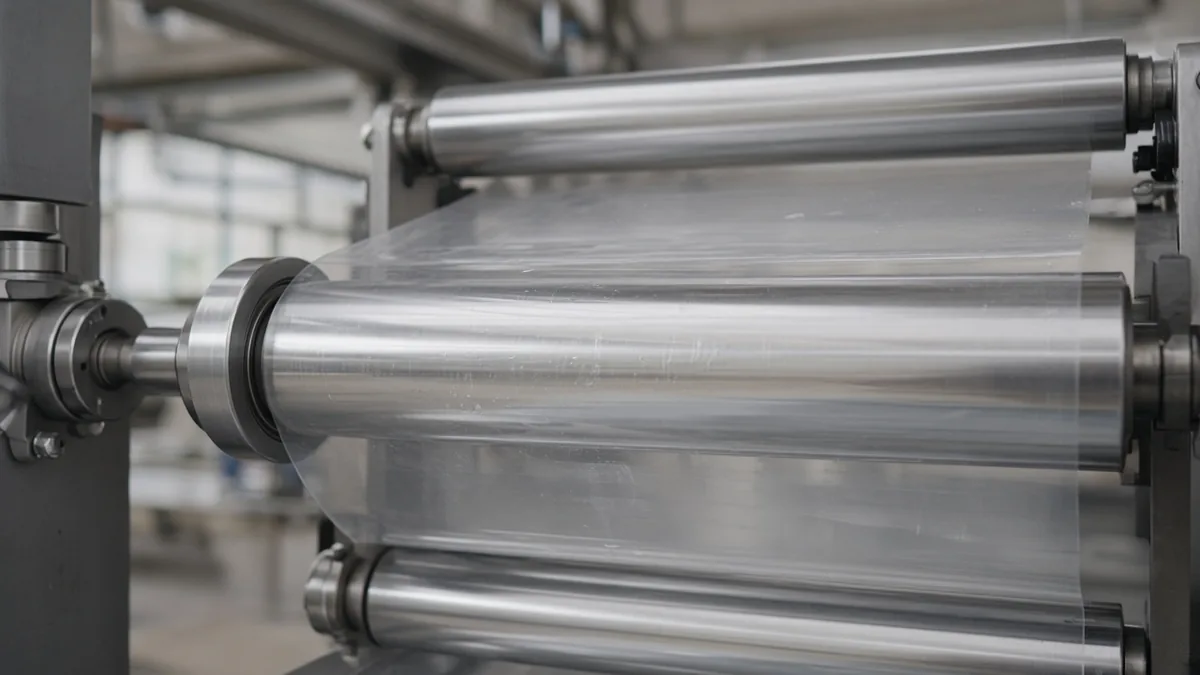 Illustration of a clear plastic film web across steel rollers, the open spans where a static check belongs. Not a specific machine.