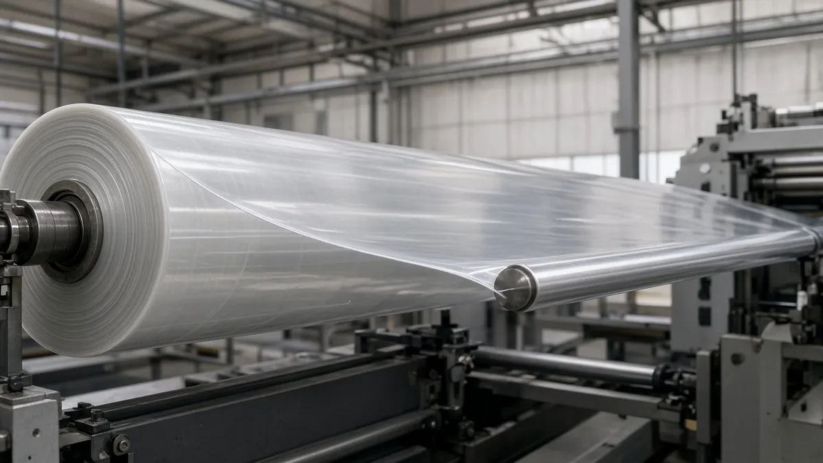Illustration of clear film leaving a mill roll in a full-width sheet before the next steel roller. Not a specific machine or a customer line.