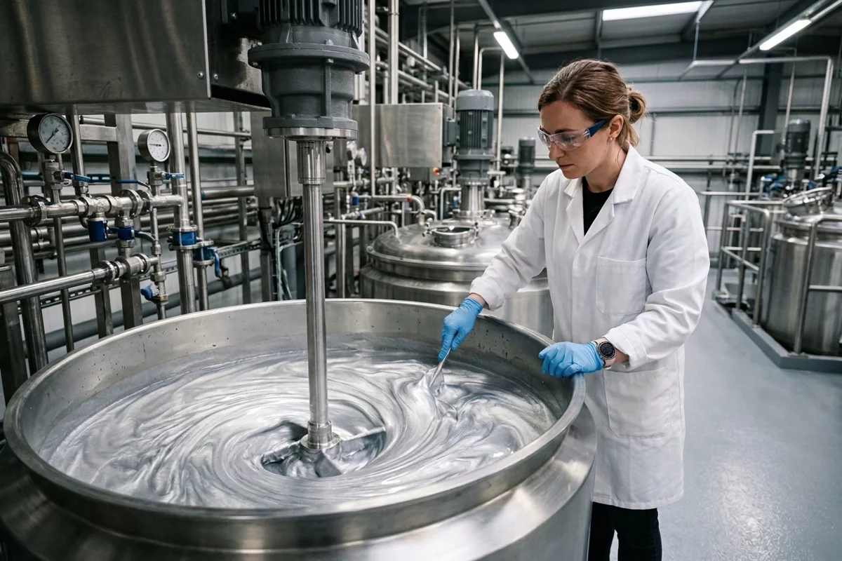 A technical specialist mixing and inspecting a batch of water-based metallic coating dispersion inside a stainless steel blending tank.