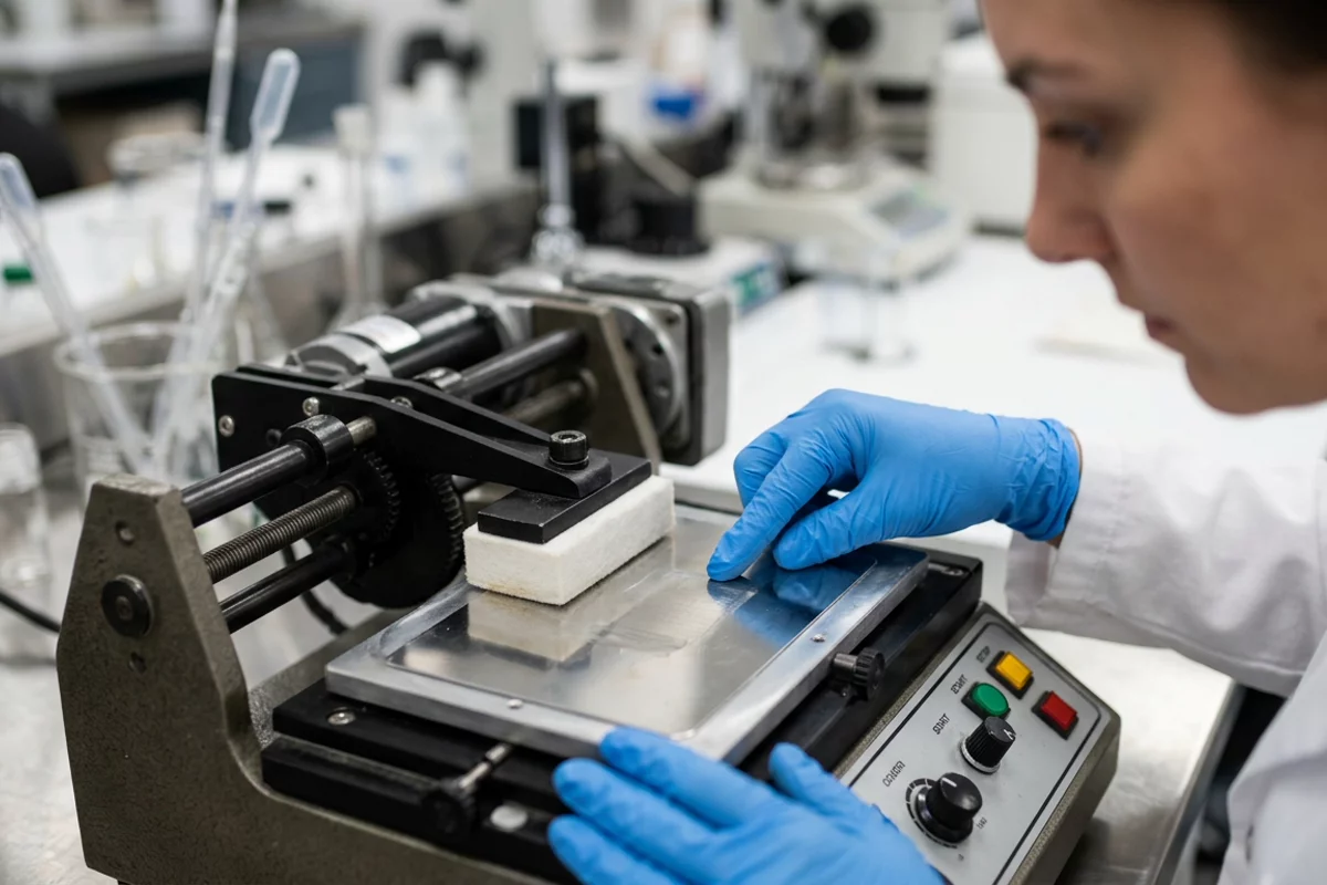 An operator evaluating the rub resistance and surface smoothness of a metallic-coated test card on a laboratory benchtop tester.