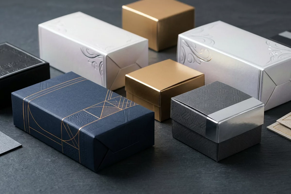 Luxury folding carton packaging samples with metallic silver and gold surface coatings on a slate gray surface.
