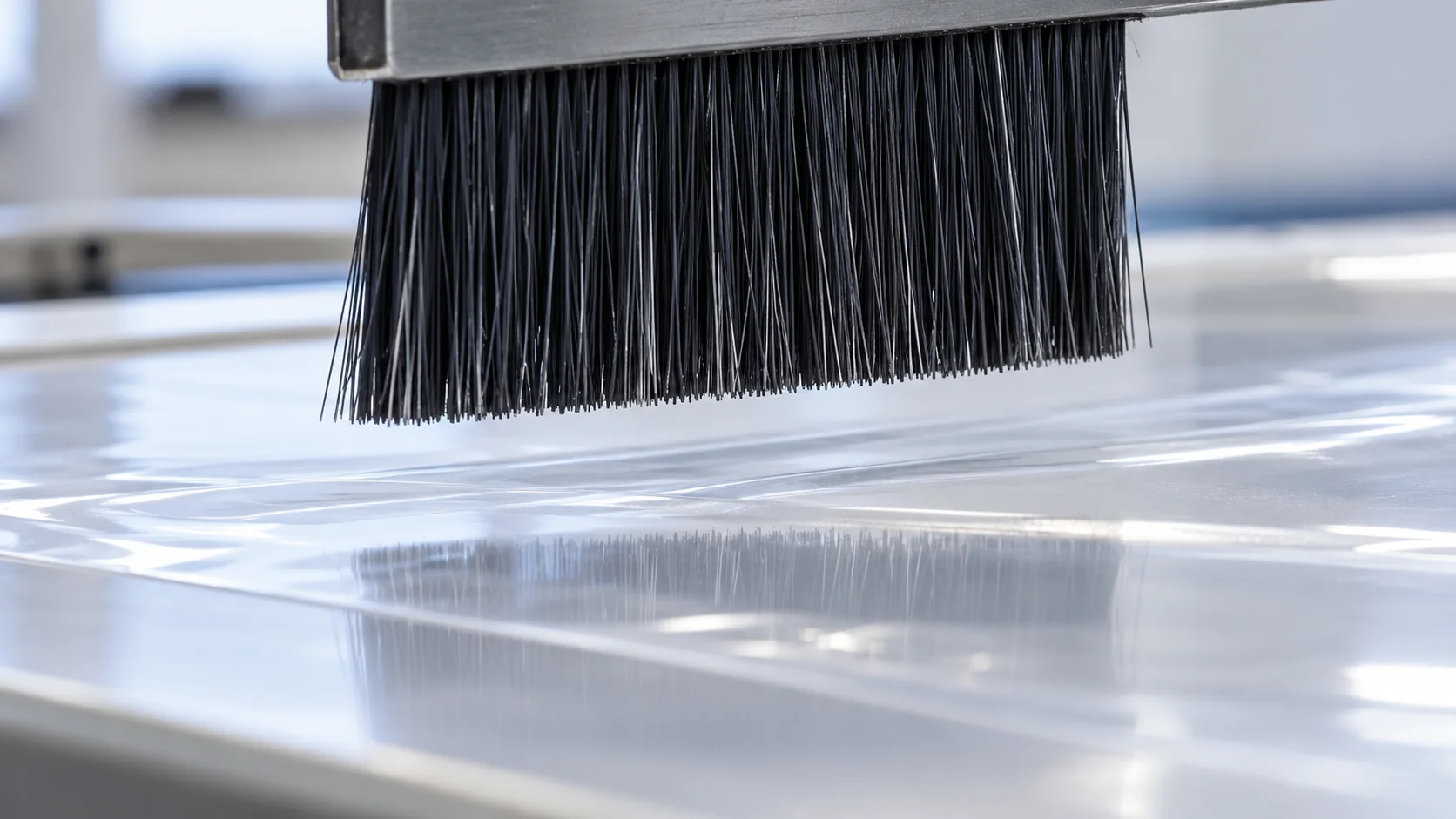 Illustrative photograph of a brush near film. The gap is not a measured 2-3 mm. Carbon-fibre tips held just off a clear film, the kind of close gap a passive brush uses.
