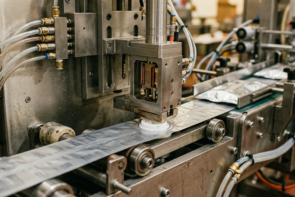 An automated one-way degassing valve applicator head heat-sealing a circular valve onto flexible laminate packaging film.