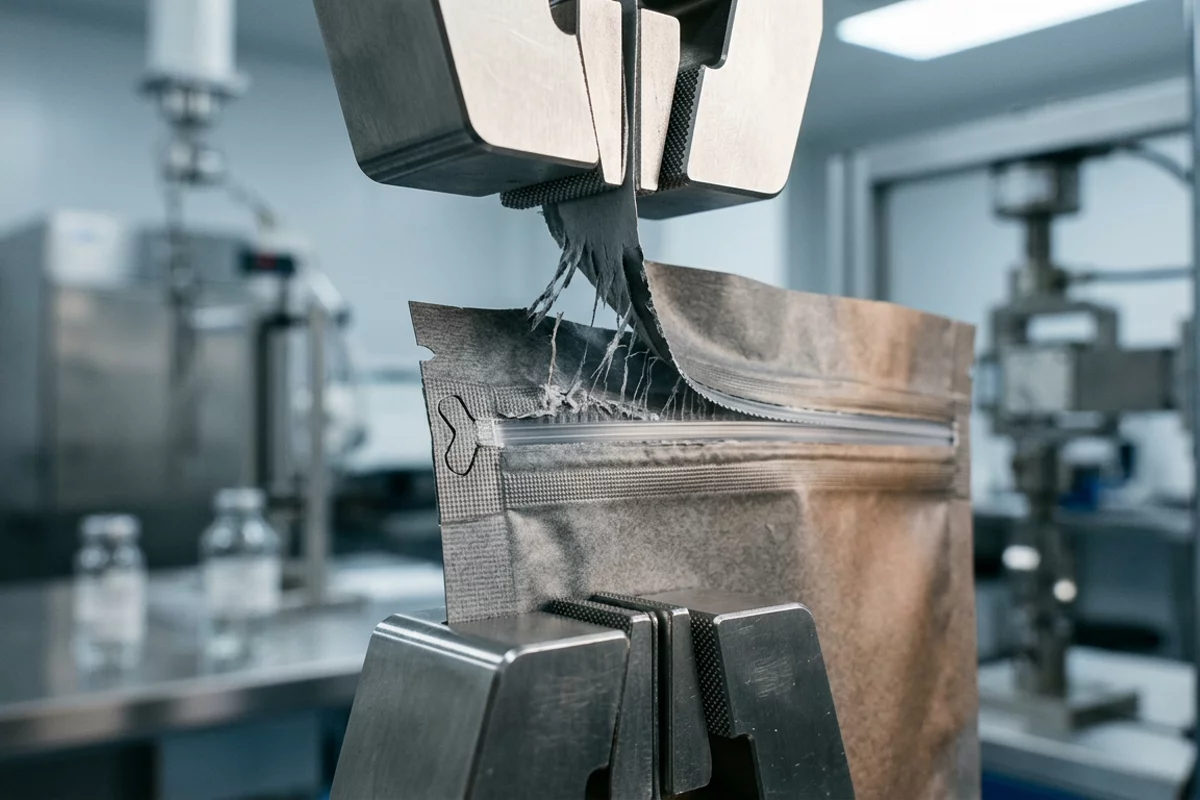 Macro view of a coffee pouch textured heat-sealed perimeter and tear notch undergoing seal peel tensile testing between stainless steel clamp fixtures.