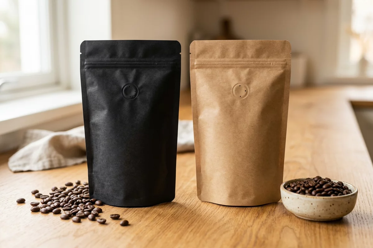Matte black and unprinted kraft stand-up coffee pouches with degassing valves on a wooden counter with roasted coffee beans.