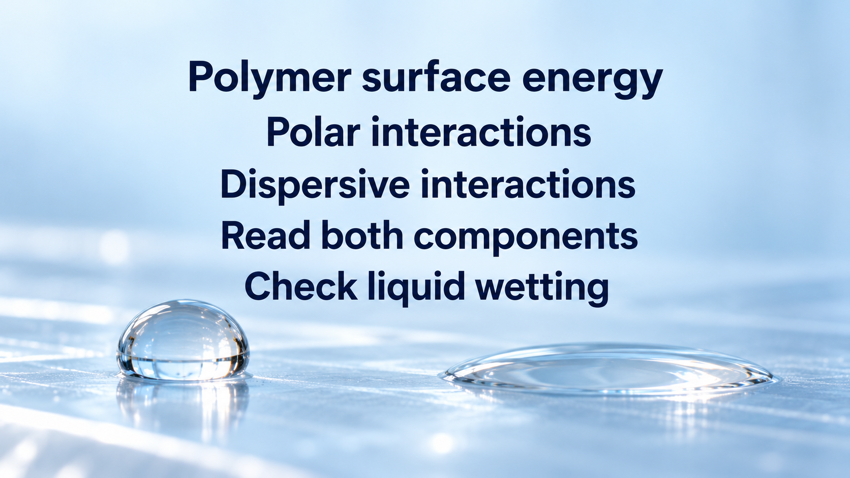 A beaded drop and a spread drop beside Polar interactions, Dispersive interactions and Check liquid wetting.